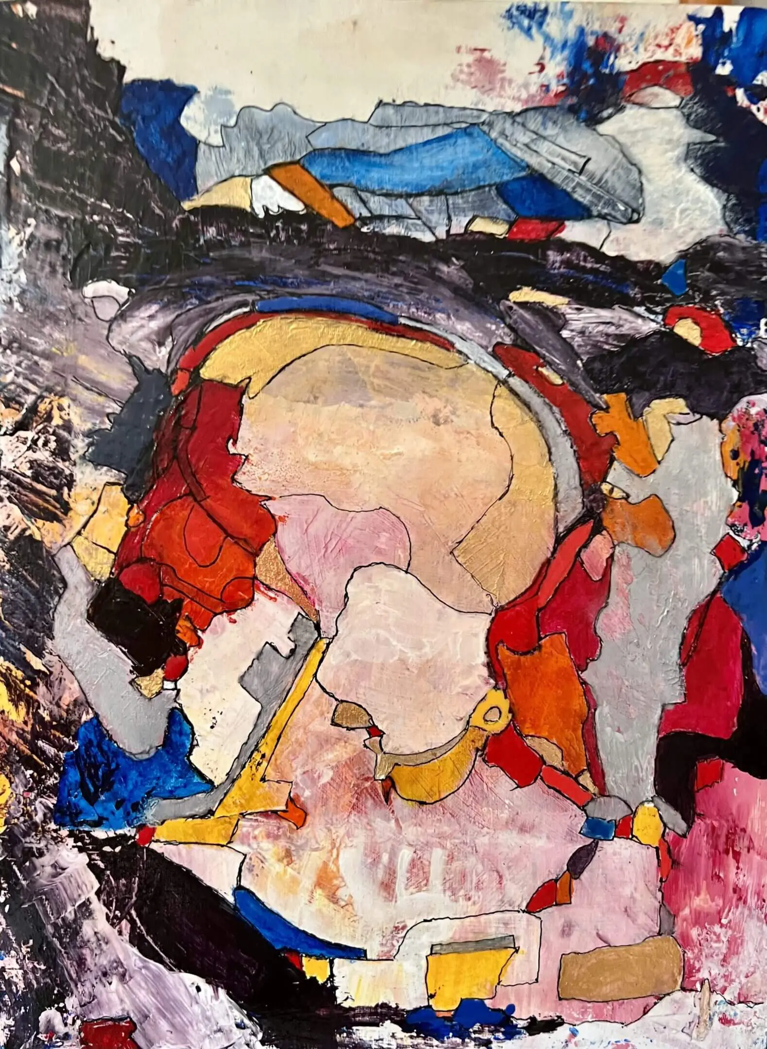A painting of a woman with colorful abstract shapes.